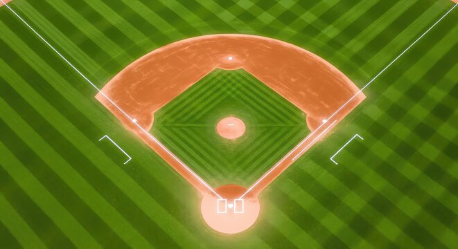An expansive overhead view of a professional baseball diamond featuring lush green turf, circular patterns, and distinct base path markers, sports ground, symmetry, dirt