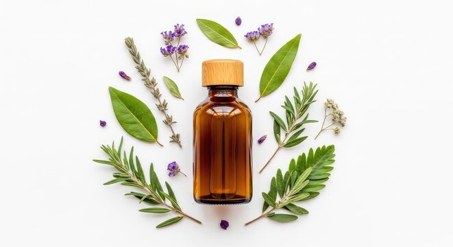 Frasco de vidrio &aacute;mbar con tapa de madera sobre fondo blanco rodeado de hierbas secas y hojas para medicina natural y remedios org&aacute;nicos, estudio, hol&iacute;stico, pureza