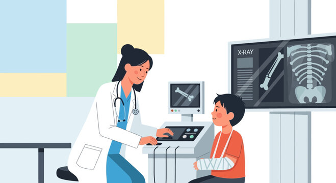 Doctor examines child's broken arm with X-ray in clinic