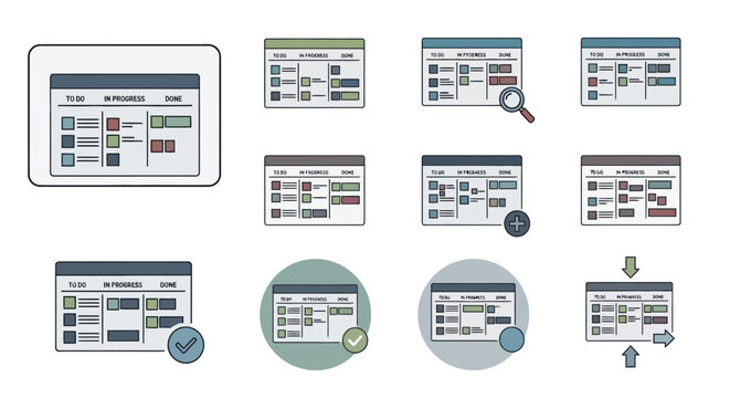 Collection of various web browser windows and icons on a white background.