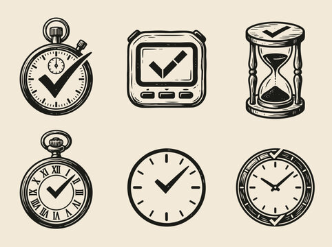 Set of six stopwatch icons with check mark symbols for fast transaction, black ink linocut style on cream background