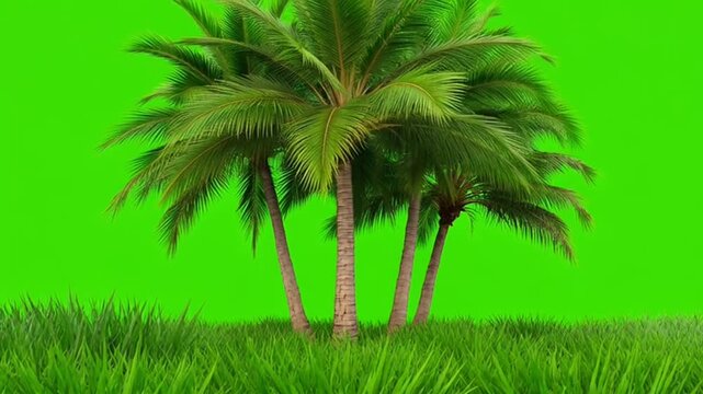 Tropical coconut palm trees growing in a patch of green grass on a green screen
