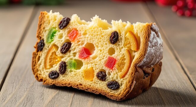 A soft slice of traditional holiday sweet bread rests on a rustic wooden table, filled with raisins and candied fruit in a festive scene, panettone, traditional, tasty