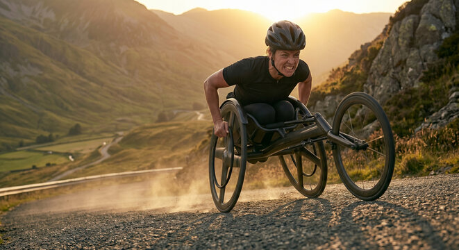 Diverse disabled athlete pushing racing wheelchair uphill in marathon.
