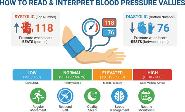 Blood pressure interpretation guide explains the difference between systolic and diastolic values while providing healthy lifestyle recommendations for cardiovascular wellness.