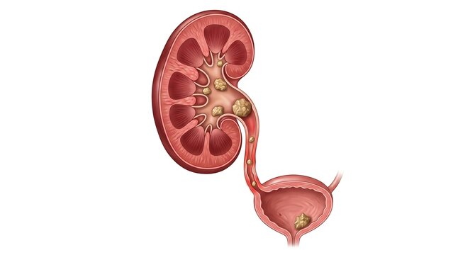 Illustration of kidney stones within the renal pelvis and ureter, obstructing urine flow