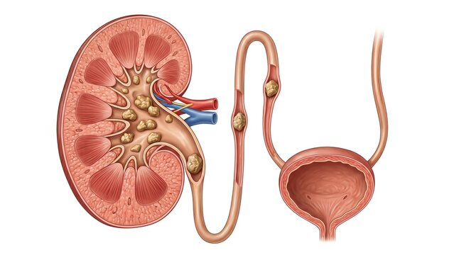 Detailed medical illustration depicting kidney stones within the human urinary system