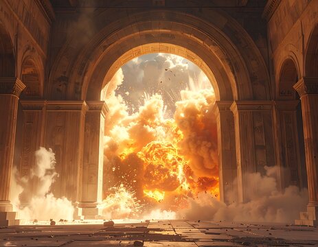 Dramatic explosion through ancient archway entrance.