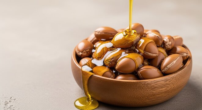 A thick stream of golden oil pours smoothly over raw argan nuts into a rustic wooden bowl, highlighting natural texture and rich clarity, luxury, glossy, drop