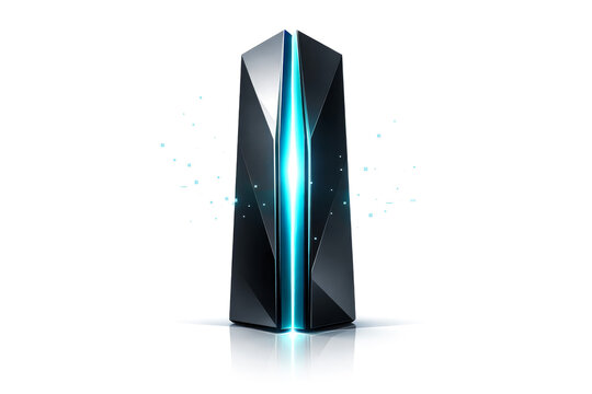 Futuristic black server tower with glowing blue light