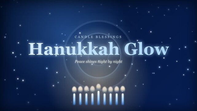 Hanukkah holiday title card with glowing menorah candles and sparkles