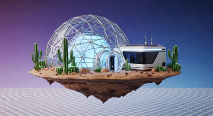 A futuristic habitat on a floating island with a geodesic dome and modern architecture. © Tarek