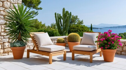 Fototapeta premium Mediterranean terrace with wooden chairs and bougainvillea overlooking sea