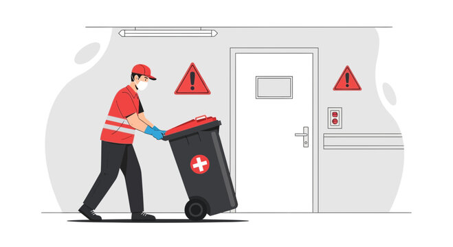Medical waste disposal worker in protective gear pushes biohazard bin in hospital hallway