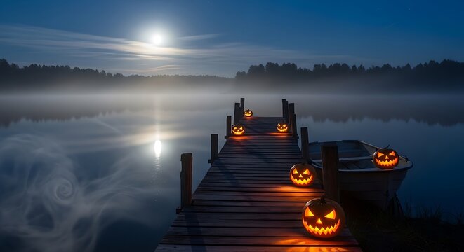 Spooky helloween night on a foggy lake dock with glowing pumpkins