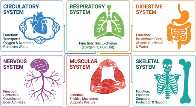 Anatomical systems chart illustrates the primary functions of the human body in a clear, color-coded diagram for educational purposes.
