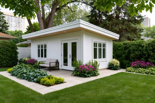 White backyard studio offering modern garden office workspace