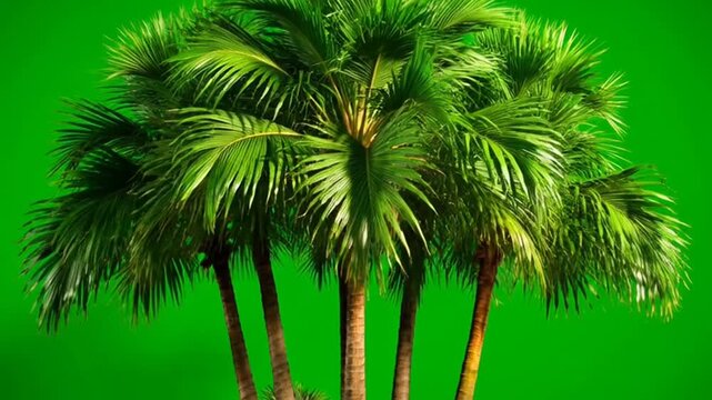 Tropical palm trees with lush green foliage isolated on a green screen