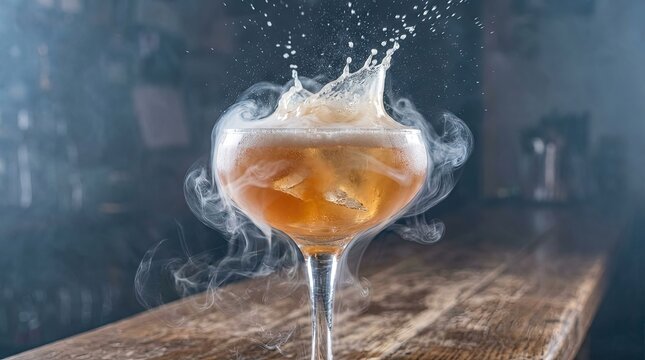 Man preparing a drink with rising smoke effect concept. A refreshing cocktail splashing in a stylish glass.