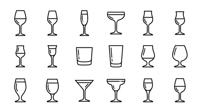Various types of drinking glasses icons.