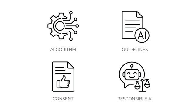 Vector graphic illustration Black and white line art icons of algorithm, checklist, document, and chatbot