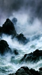 Obraz premium Dramatic stormy ocean watercolor illustration evokes powerful coastal motion and moody cinematic texture