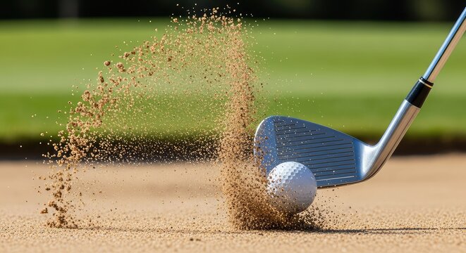 Close-up of a golf club impacting a ball in a bunker, creating a dramatic explosion of sand particles against a blurred green background, splash, strength, trap