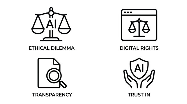 Vector graphic illustration AI technology icons for ethics and digital rights