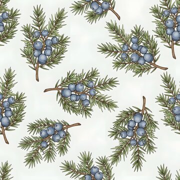 Seamless pattern of juniper branches with blue berries, perfect for natural and organic themes
