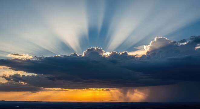 Dark and moody thunderclouds gathering over a wide horizon during golden hour with intense light beams breaking through the thick vapor, heavy, background, bright