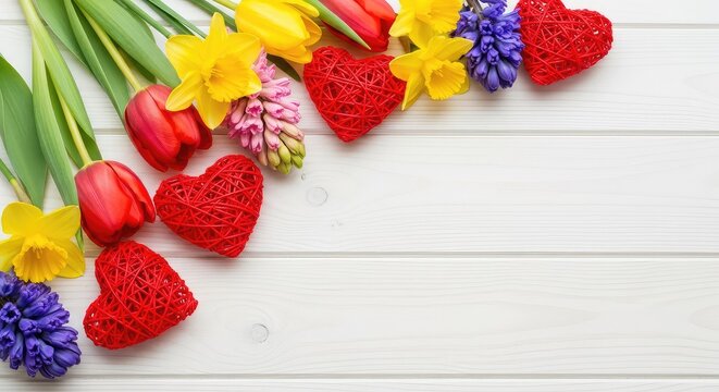 Dekorative rote Herzen liegen neben frischen Fr&uuml;hlingsblumen auf einer hellen Holzoberfl&auml;che als Ausdruck von Liebe und tiefer Zuneigung, form, romantik, zuneigung