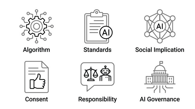 Vector graphic illustration AI icons set with algorithm, standards, social implication, consent, responsibility, AI economy