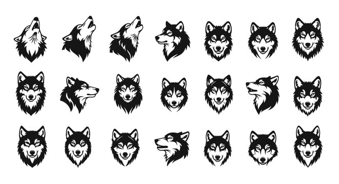 Collection of wolf head illustrations in various expressions and poses