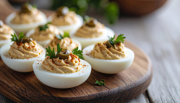 Premium Deviled Eggs with Olives Appetizer on White Background for Party and Gourmet Food Advertising