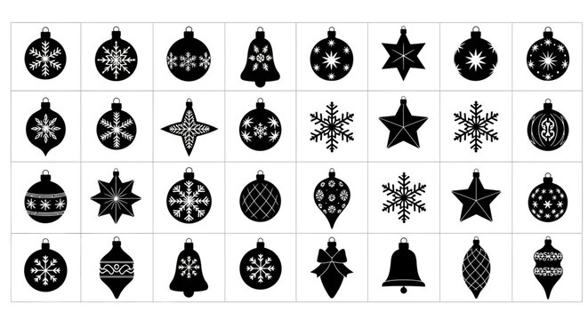 Collection of black christmas ornaments and snowflakes on white background festive holiday decorations