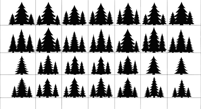 Collection of various black pine tree silhouettes on white background for design and decoration