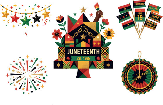 Colorful juneteenth decorations with flags, flowers, and fireworks on a vibrant background, symbolizing celebration and freedom.