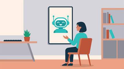 Fototapeta premium woman sitting in chair talking to robot on screen in office