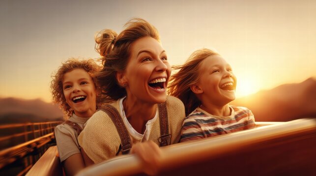 Family enjoying a thrilling roller coaster ride at sunset, filled with joy.