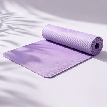Purple Yoga Mat Half Rolled on White Surface with Palm Leaf Shadow