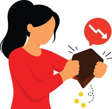 Women dropping coins from empty  wallet financial stress EPS vector illustration 