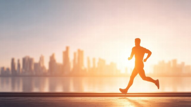 Silhouette of a runner in front of a city skyline at sunset.