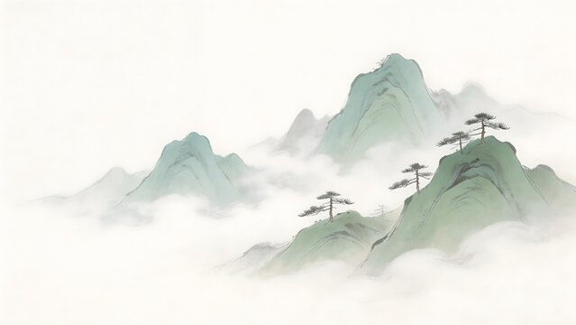 Mountain landscape with trees and mist