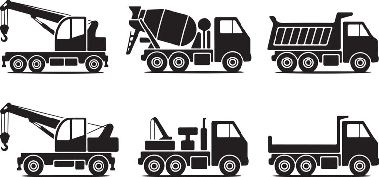 Construction heavy machinery trucks silhouettes set including crane mixer and tipper for transport.
