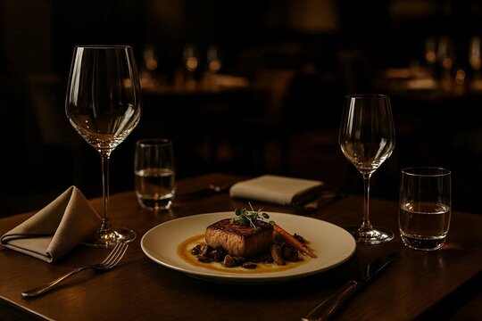 Fine Dining Restaurant Table with Gourmet Plate and Wine Glasses