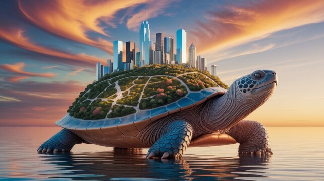 Giant Turtle Carrying Futuristic City in Surreal Desert Landscape