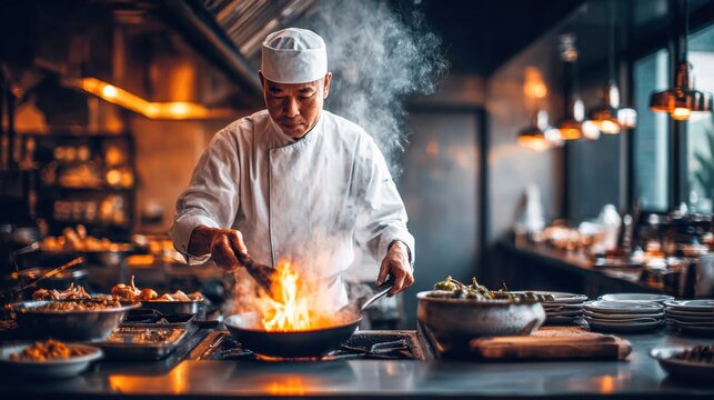 Chef cooking with fire in a professional kitchen
