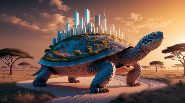 Giant Turtle Carrying Futuristic City in Surreal Desert Landscape