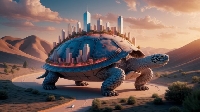 Giant Turtle Carrying Futuristic City in Surreal Desert Landscape