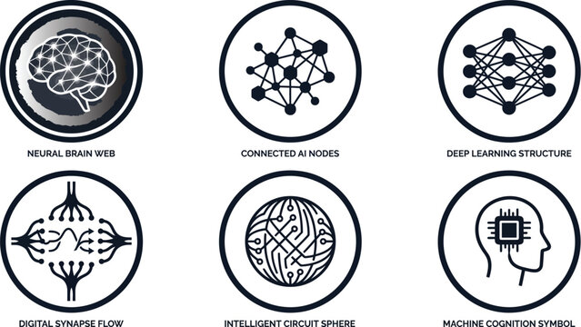 Neural network, brain, and AI icons, artificial intelligence symbols, machine learning graphics, 6 vector illustrations